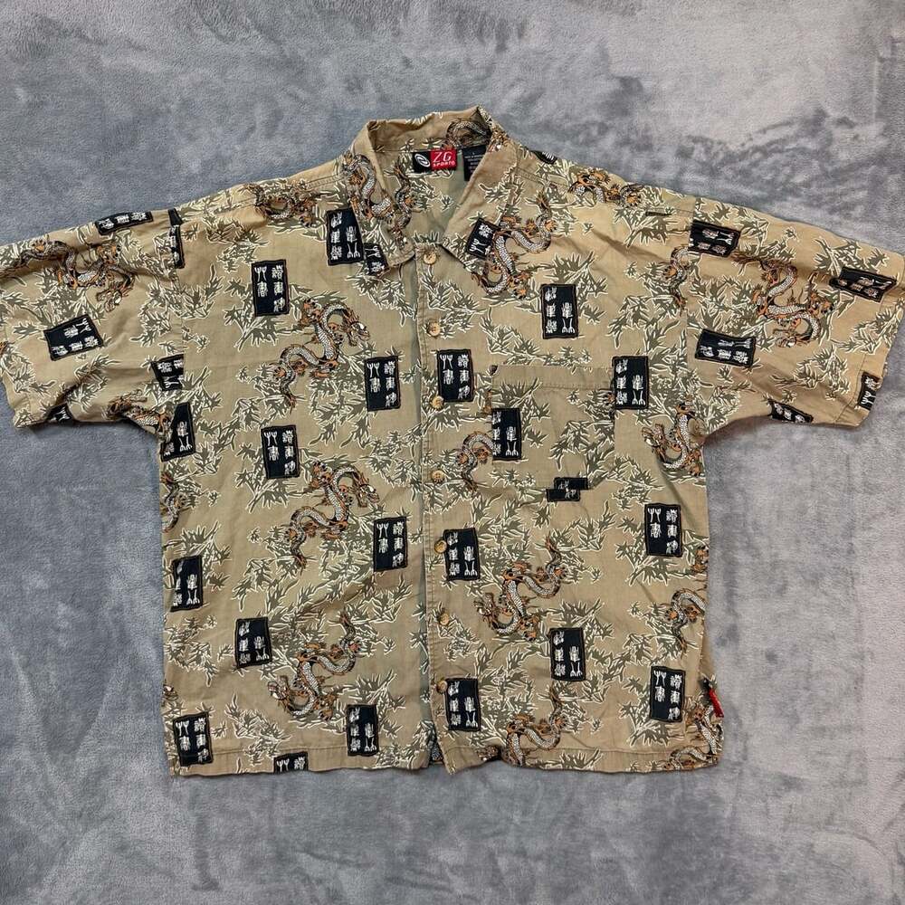 ZG Sport Short Sleeve Button Up Shirt Size L Brown Dragon Print